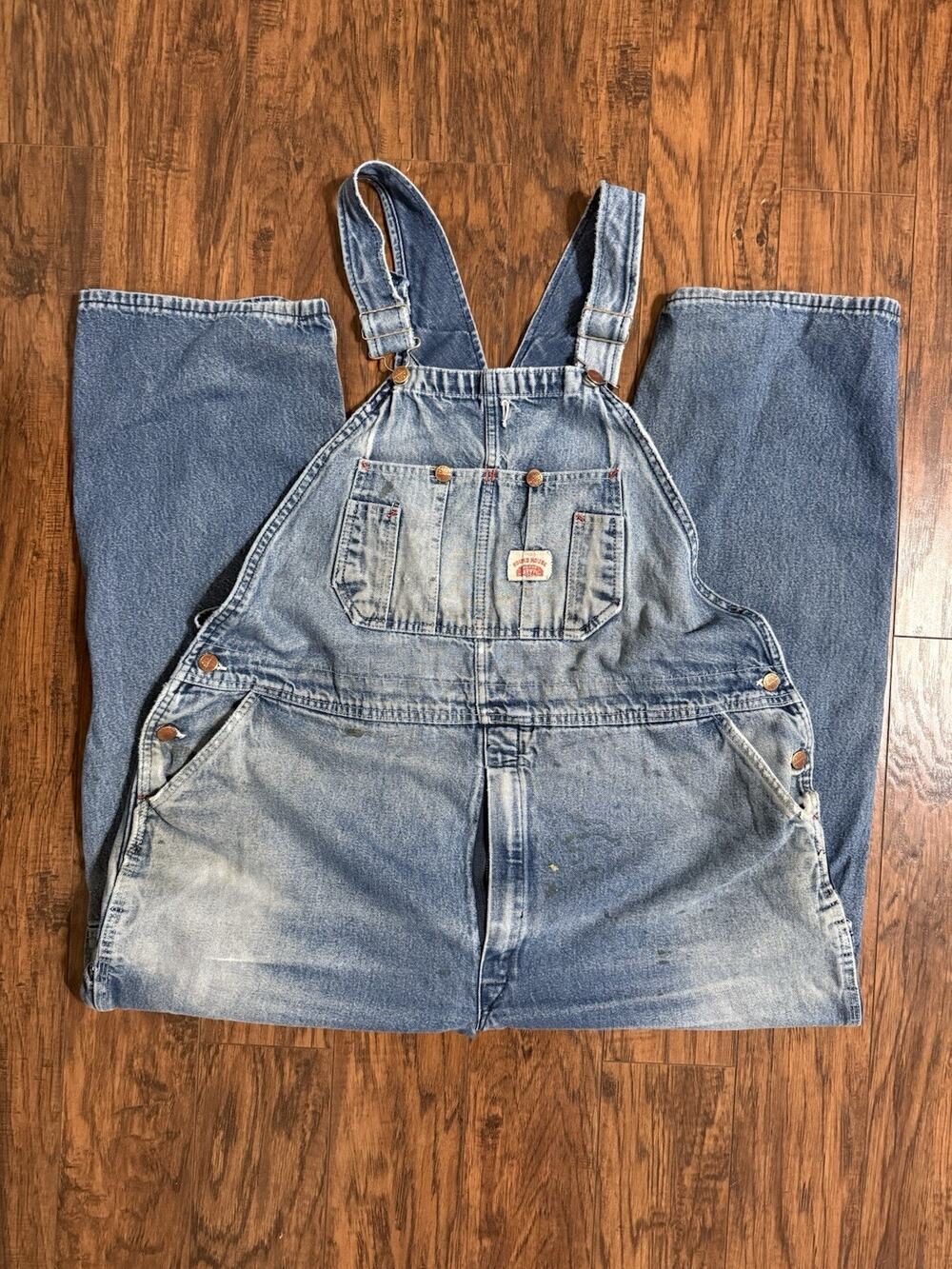 Vtg Round House Denim Bib Overalls USA Made 46x28 Carpenter Workwear Distressed
